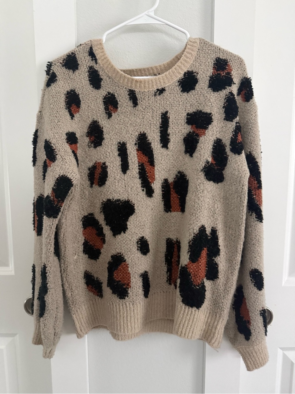 Vici Tan Crewneck Sweater with Black and Rust Leopard Spots